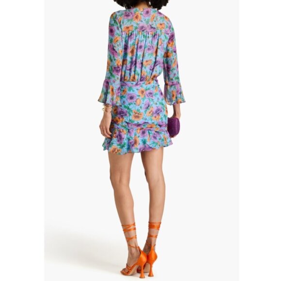 Veronica Beard 'Sean' Floral-Print Ruched Silk Mini-Dress, Lake Blue Multi - Picture 2 of 3